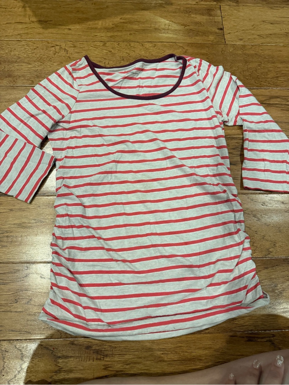 Motherhood Maternity White and Pink Striped Long Sleeve Tee with Dark Trim
